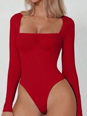 Square-Neck Long Sleeve Red Bodysuit